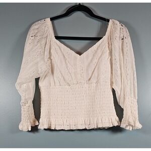 NWT Available by Angela Fashion 3/4 Sleeve Lace Smocked Waist White Blouse Sz M